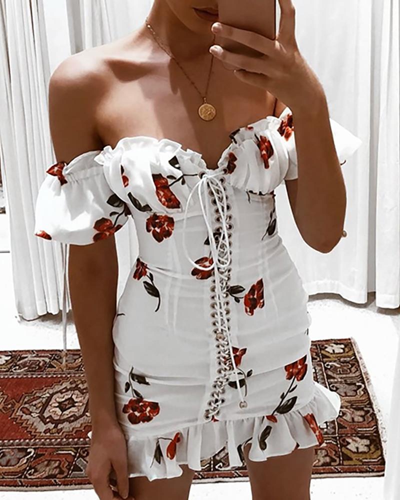 

Off Shoulder Print Eyelet Lace-up Ruffles Dress, White