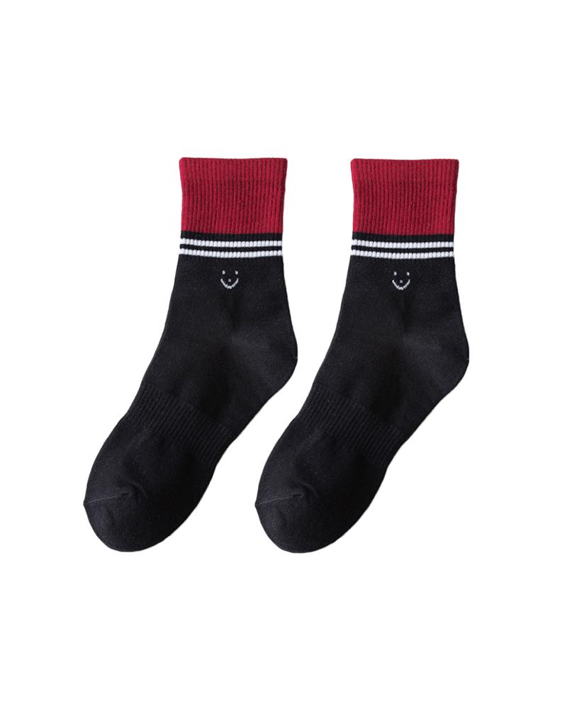 

1Pair Smile Face Embroidery Colorblock Crew Socks, Red