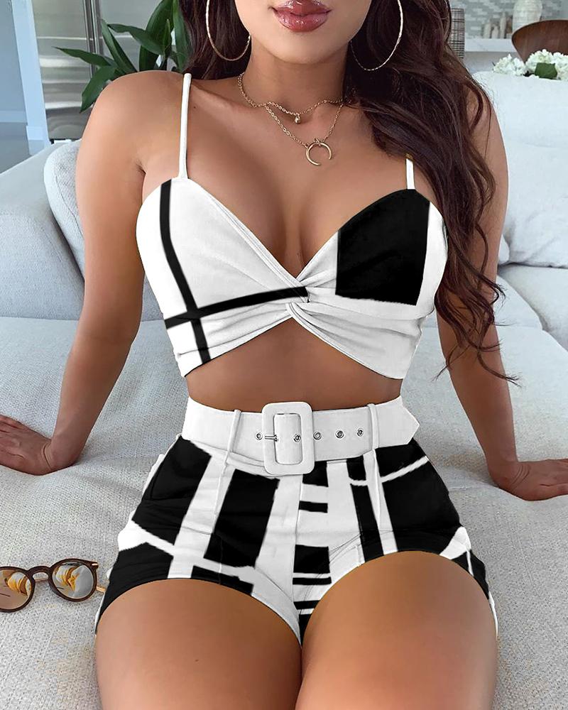 

Colorblock Spaghetti Strap Twisted Top & Shorts Set, Multicolor