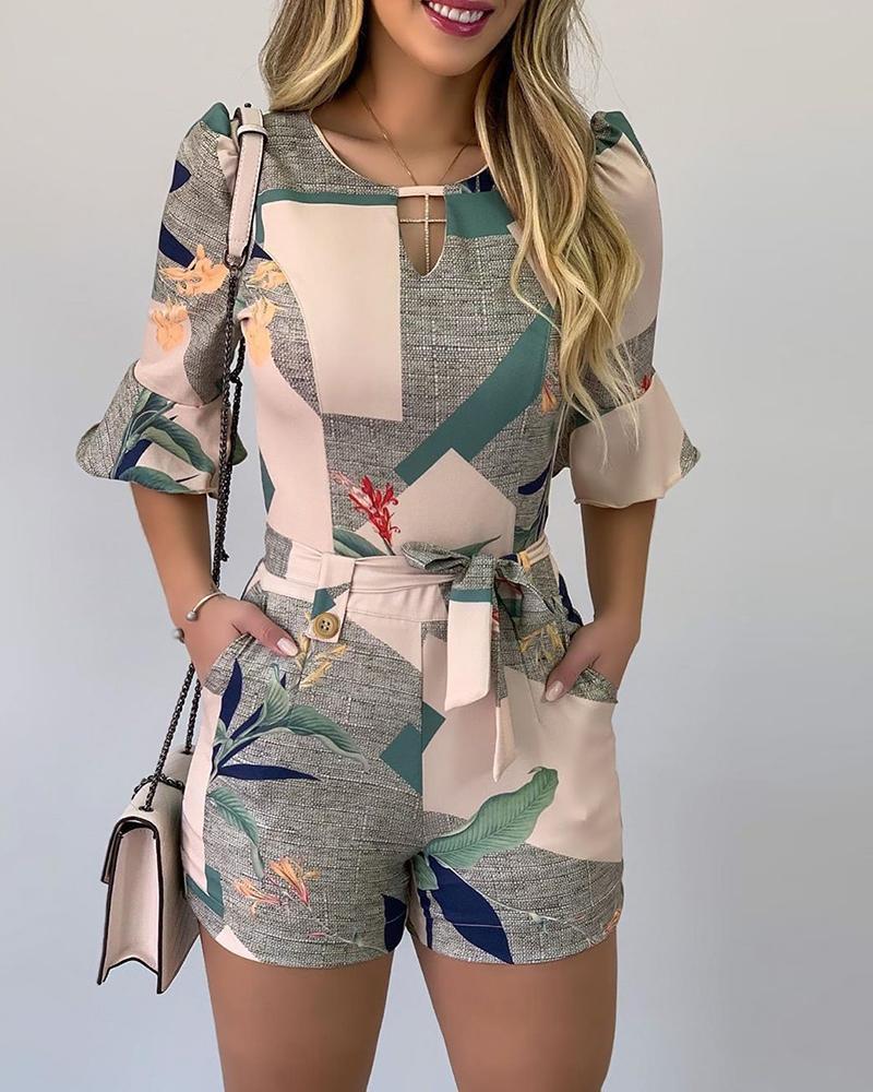 

Leaf Print Colorblock Cutout Front Bell Sleeve Romper, Multicolor