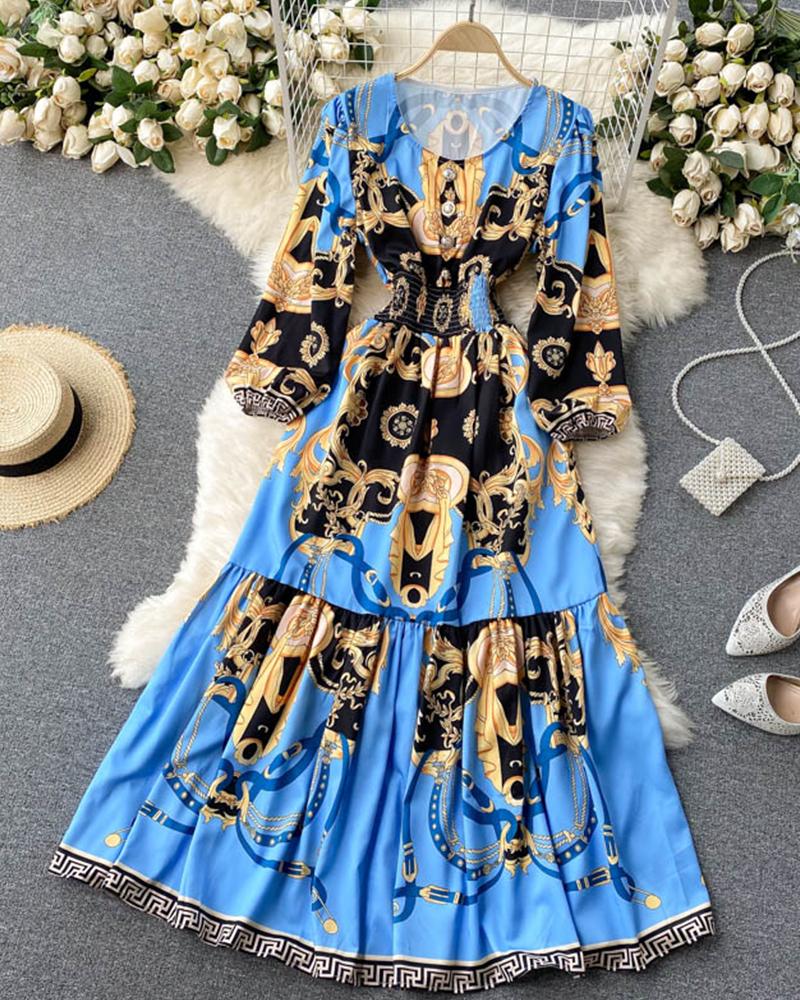 

Retro Patterns Print Long Sleeve Loose Beach Dress, Blue