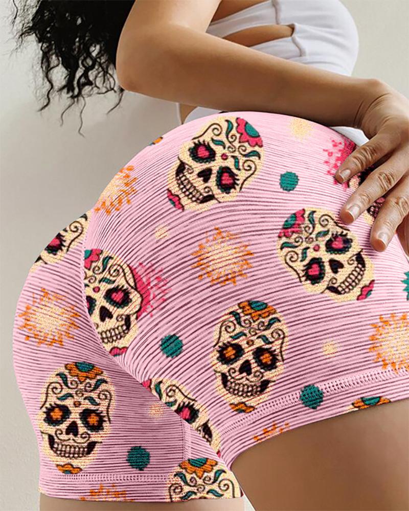 

Multicolor Skeleton Print Skinny High Waist Shorts, Pink
