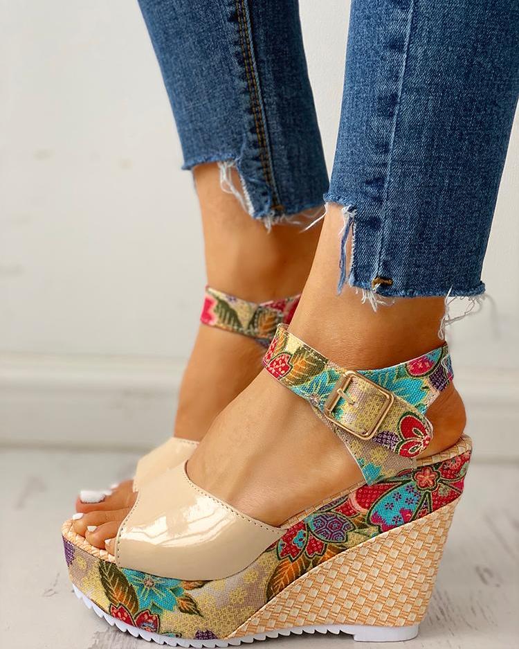 Floral Peep-toe Platform Wedge Sandals