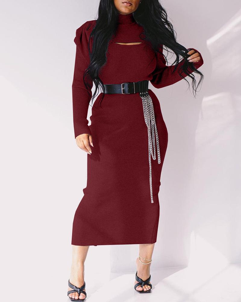 

Cutout Plain Long Sleeve Top & Skirt Set, Wine red