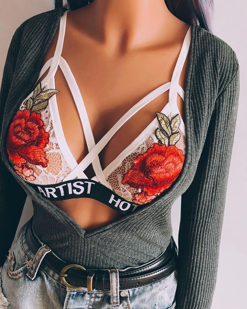 

Floral Embroidery Lace Letter Strap Cutout Bralette, White