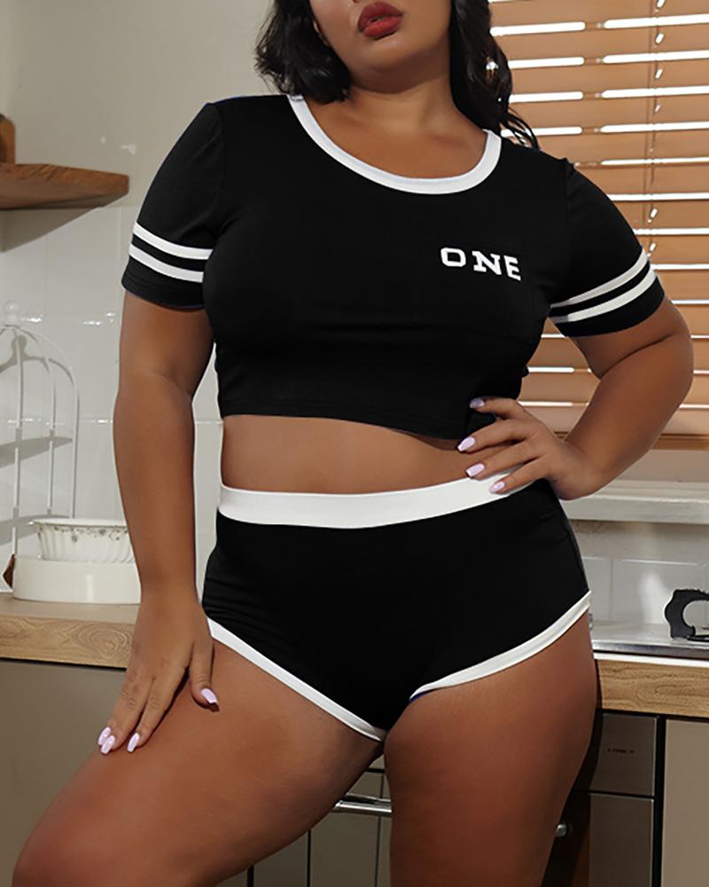 

Plus Size Colorblock Letter Print Short Sleeve Crop Top & Shorts Set, Black