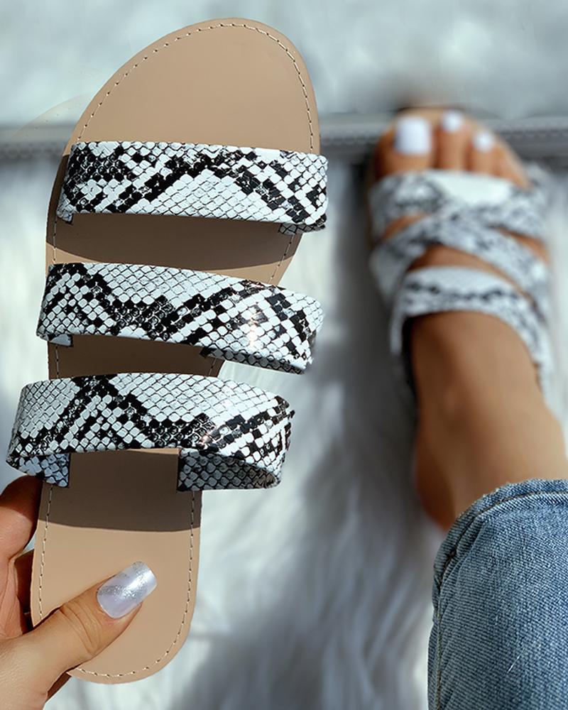 

Snakeskin Print Pattern Flat Sandals, White