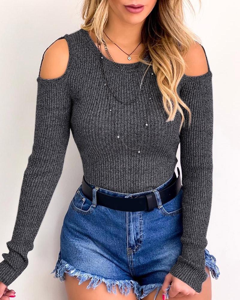 

Ribbed Cold Shoulder Ring Detail Women Top, Gray