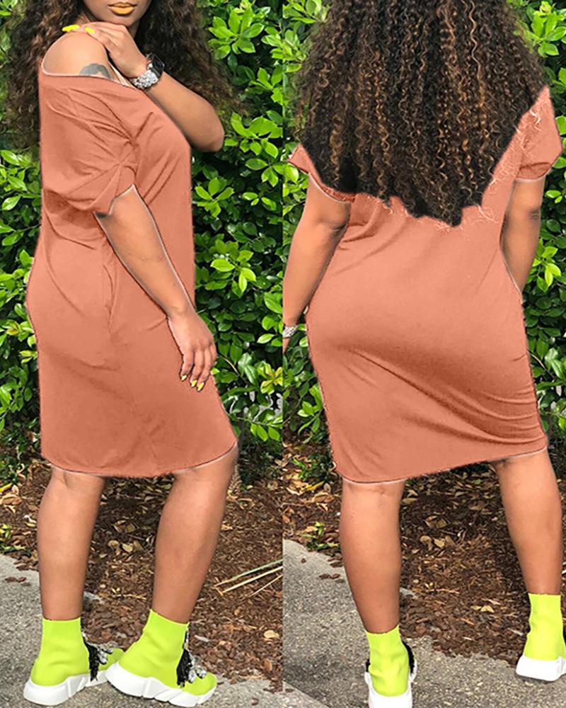 

Plain V Neck Short Sleeve Straight Dress, Pink