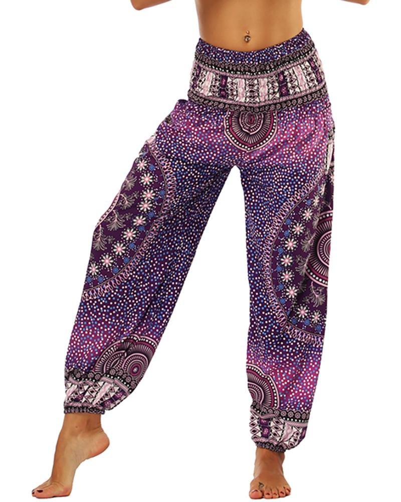 

Print High Waist Wide Leg Yoga Pants, Purple