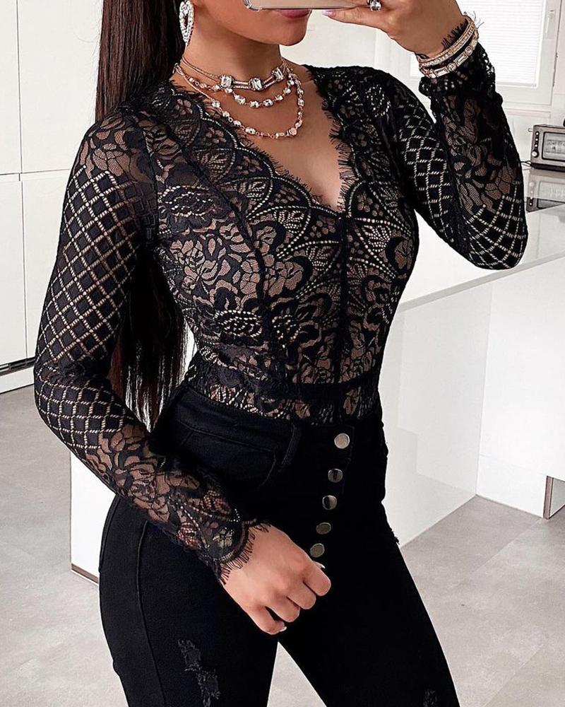 

Plunge Long Sleeve Floral Lace Bodysuit, Black