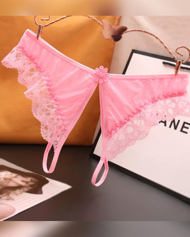 

Solid Lace Contrast Skinny T-string Panties, Pink