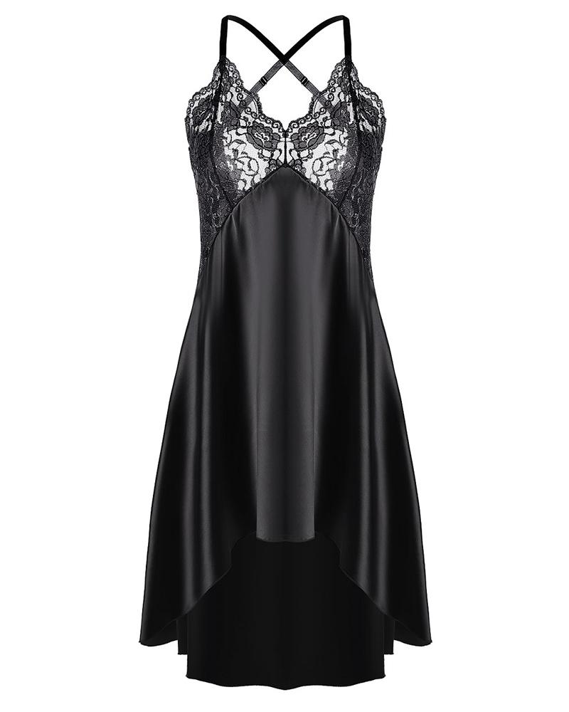 

Satin Backless Lace Dip Hem Sleepshirt, Black