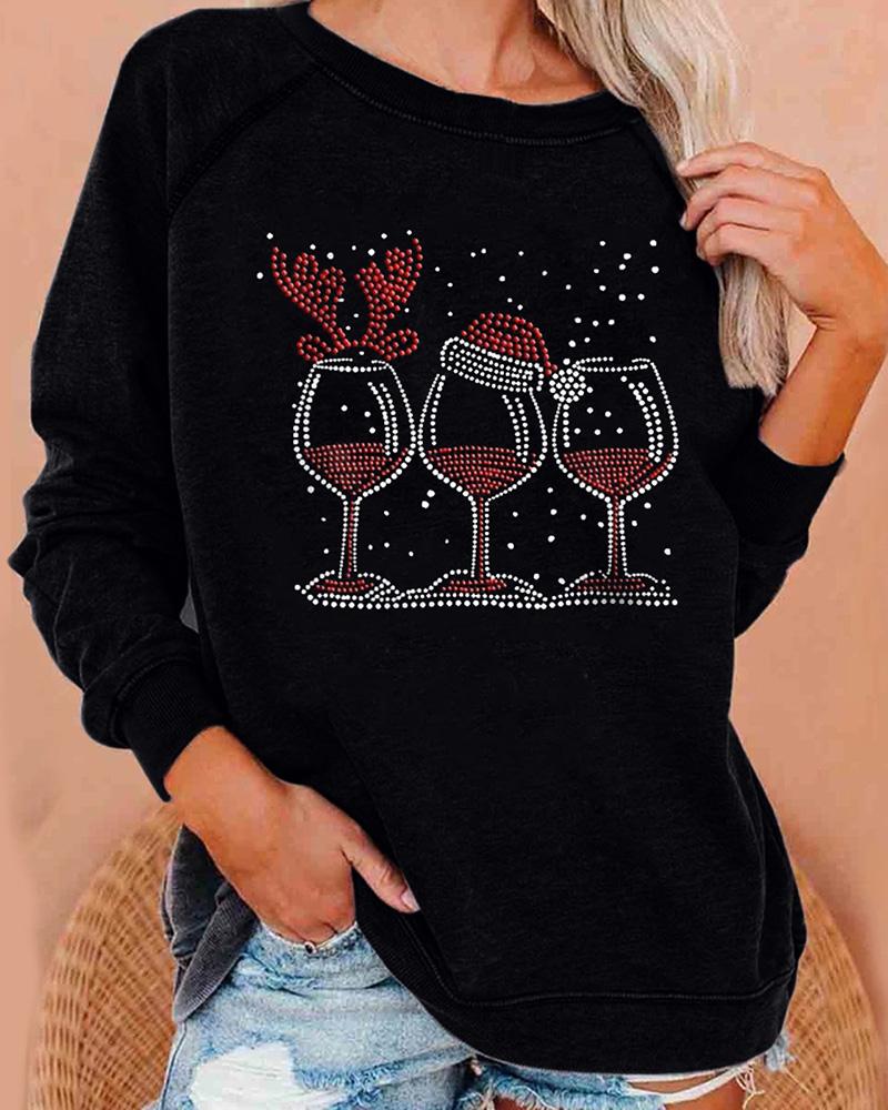 

Christmas Studded Wine Glass Pattern Sweatshirt, Black