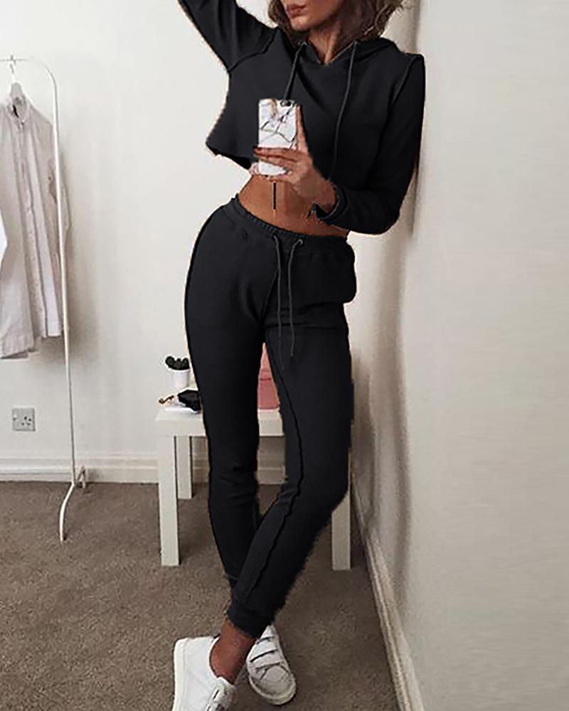 

Hooded Crop Top & Contrast Binding Drawstring Pants Set, Black