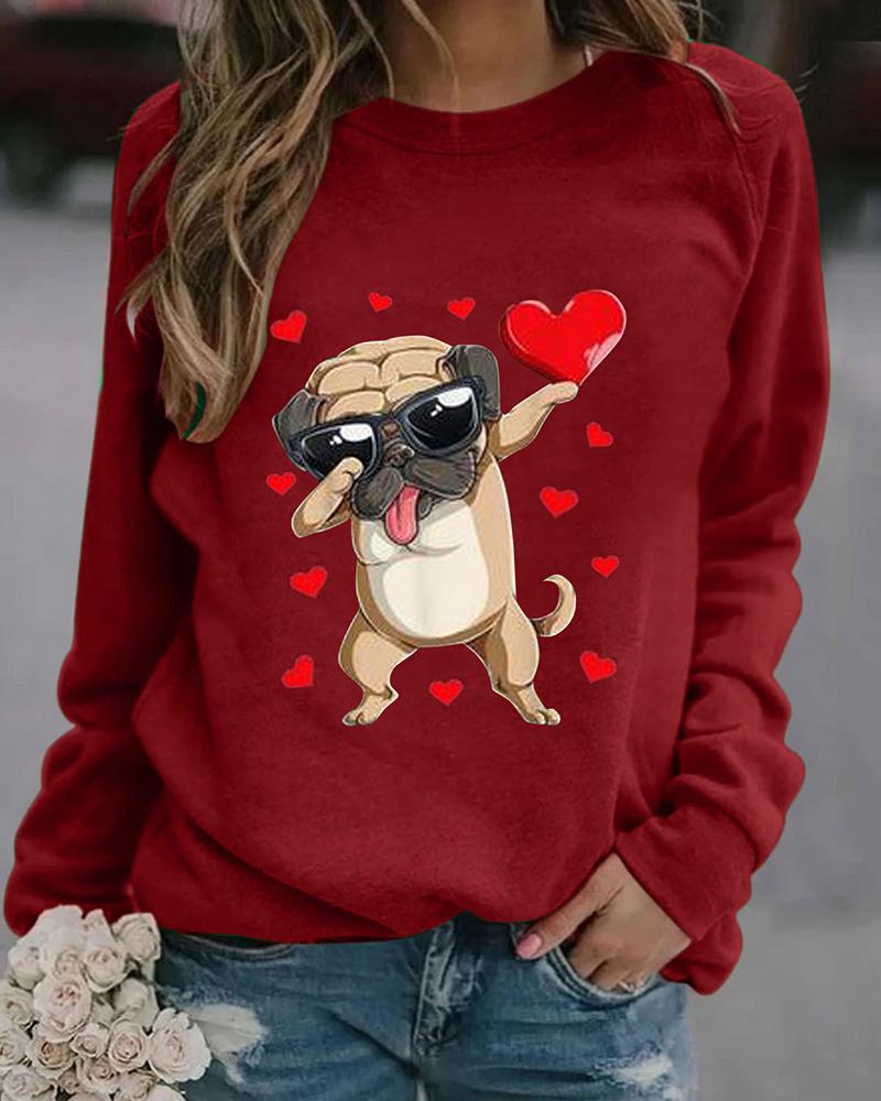 

Dog Heart Print Long Sleeve Sweatshirt, Red