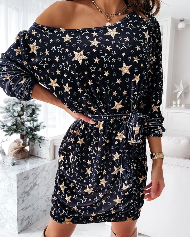 

Christmas Mixed Print Long Sleeve Casual Dress, Black