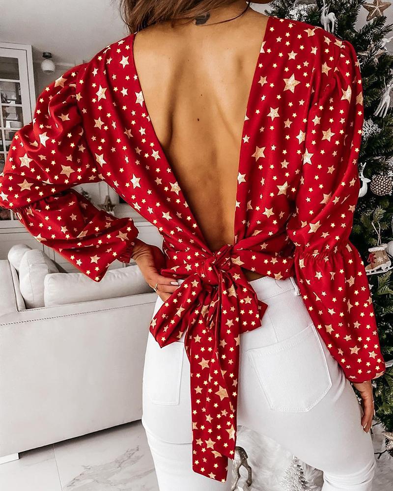

Star Print Puff Sleeve Tie Detail Backless Top, Red