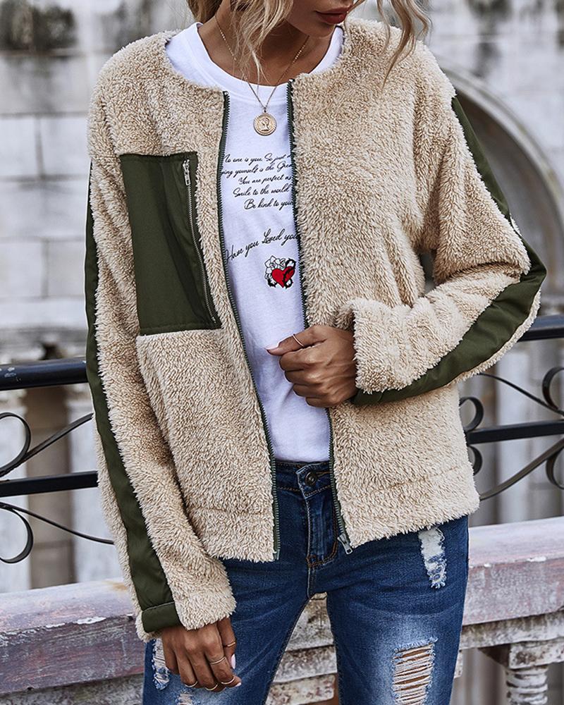 

Zipper Design Colorblock Fleece Teddy Coat, Apricot
