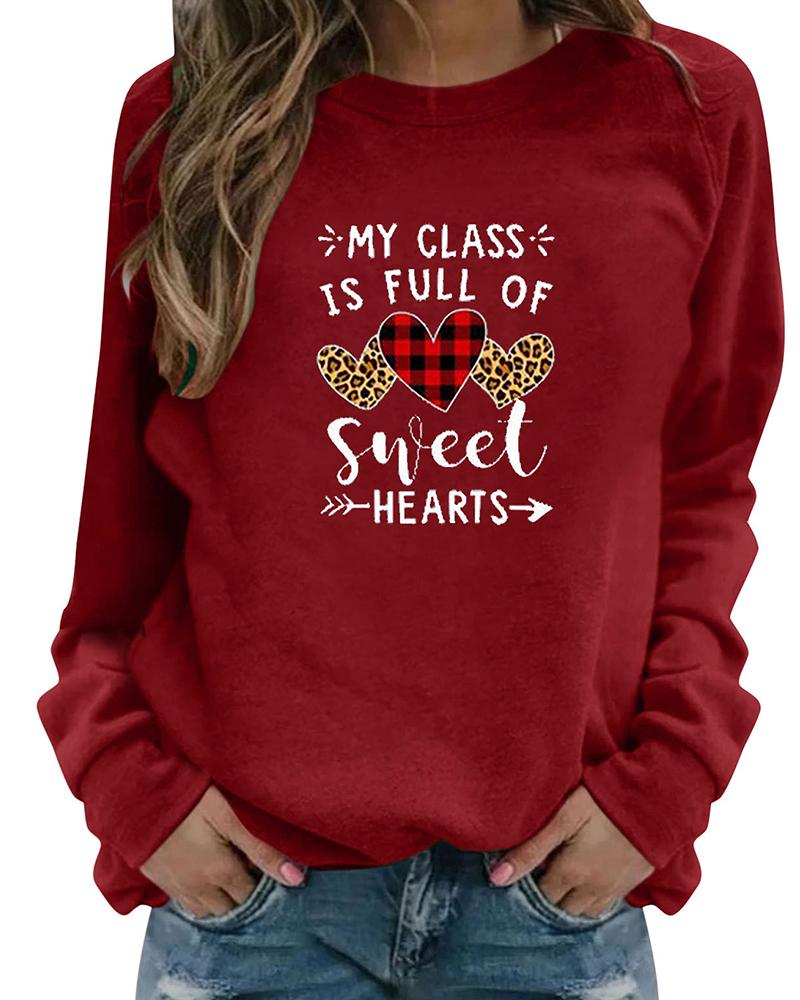 

Letter Heart Print Long Sleeve Sweatshirt, Red