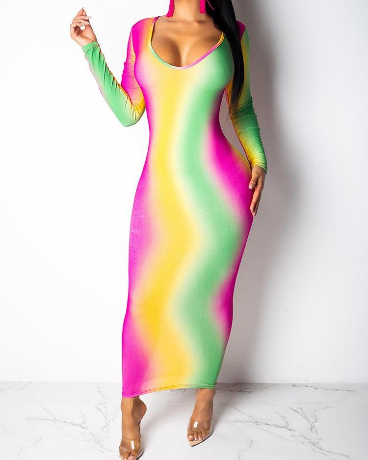 

Colorblock Tie Dye Long Sleeve Women Dress, Multicolor