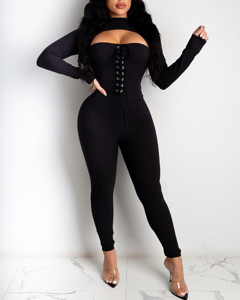 

Long Sleeve Top & Eyelet Lace-up Jumpsuit Set, Black