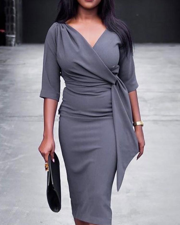 

V Neck Tie Waist Slit Back Wrap Bodycon Dress, Dark grey