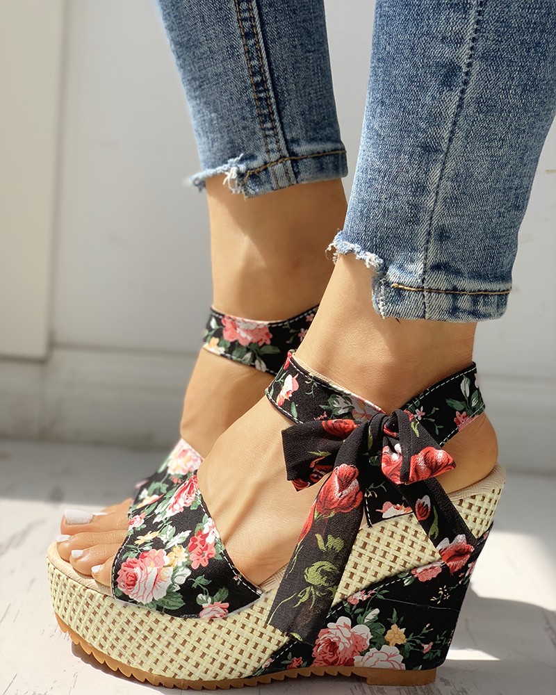bowknot design platform espadrille wedge sandals