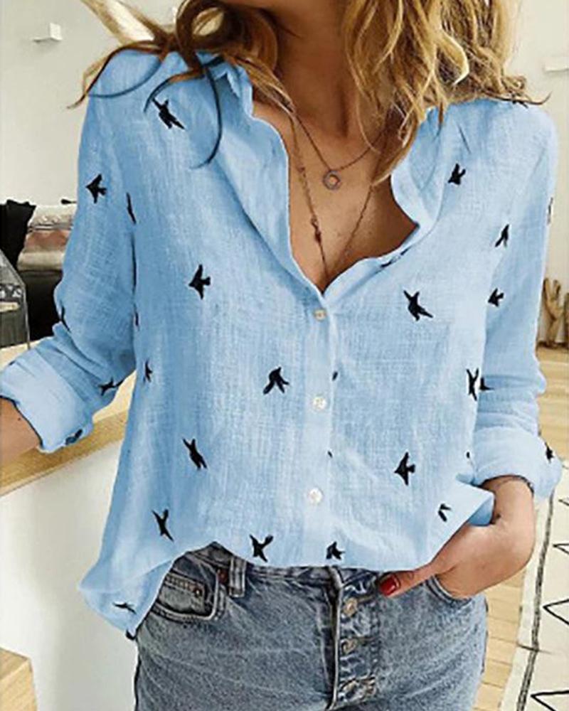 

Bird Print Button-Up Blouse, Blue