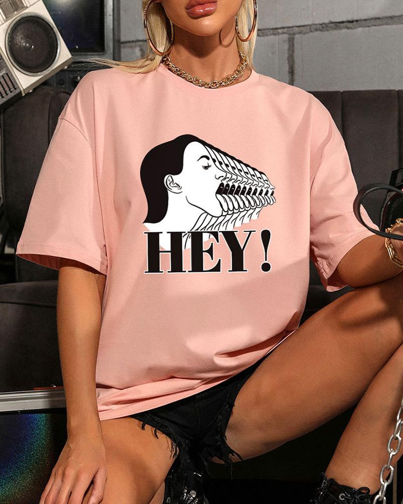 

Cartoon Figure Print Short Sleeve T-shirts, Pink