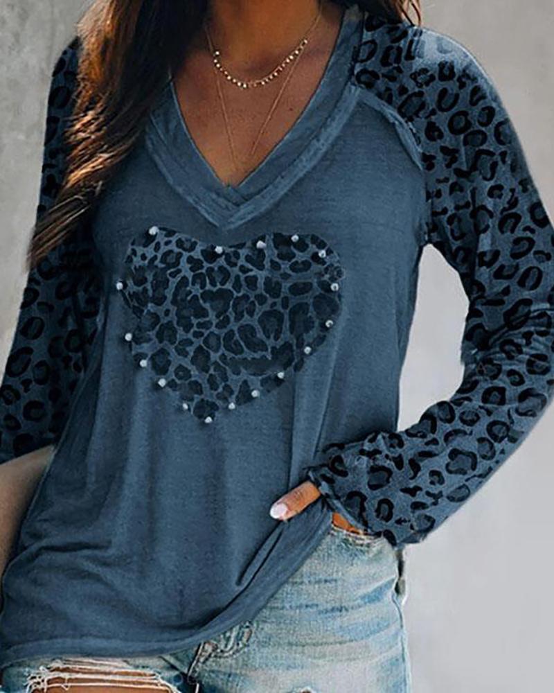 

Leopard Print Heart Pattern Long Sleeve T-shirt, Blue