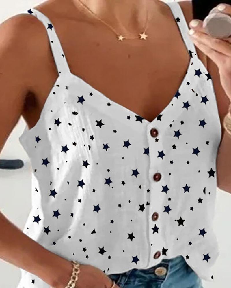 

Button Front Star Print Spaghetti Strap Top, White