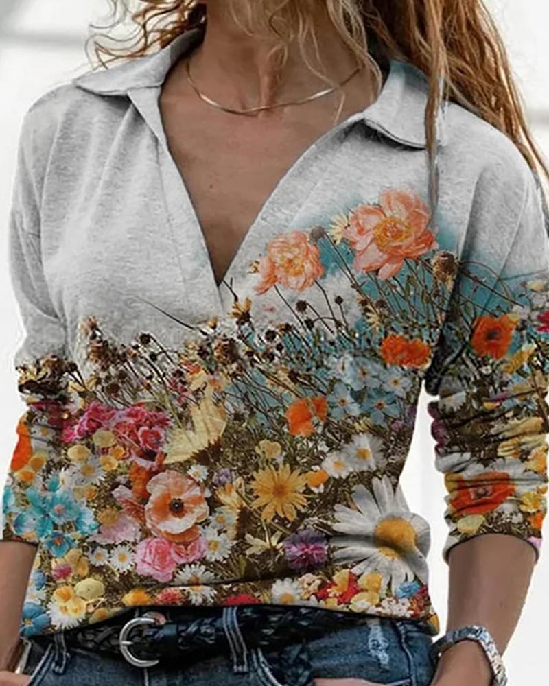 

Floral Print Long Sleeve Casual Top, Gray