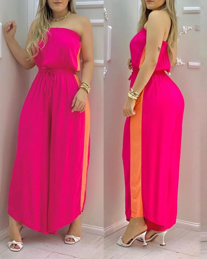 

Patchwork Off Shoulder Sleeveless Jumpsuit, Hot pink