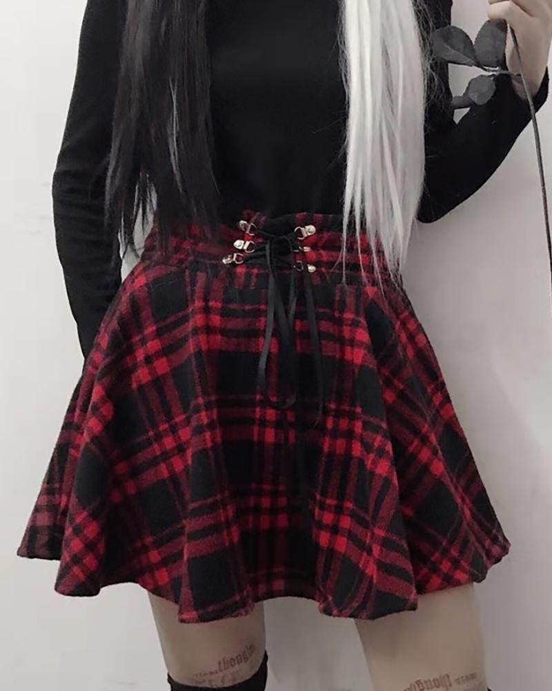 

High Waist Lace-up Plaid Skirt, Red