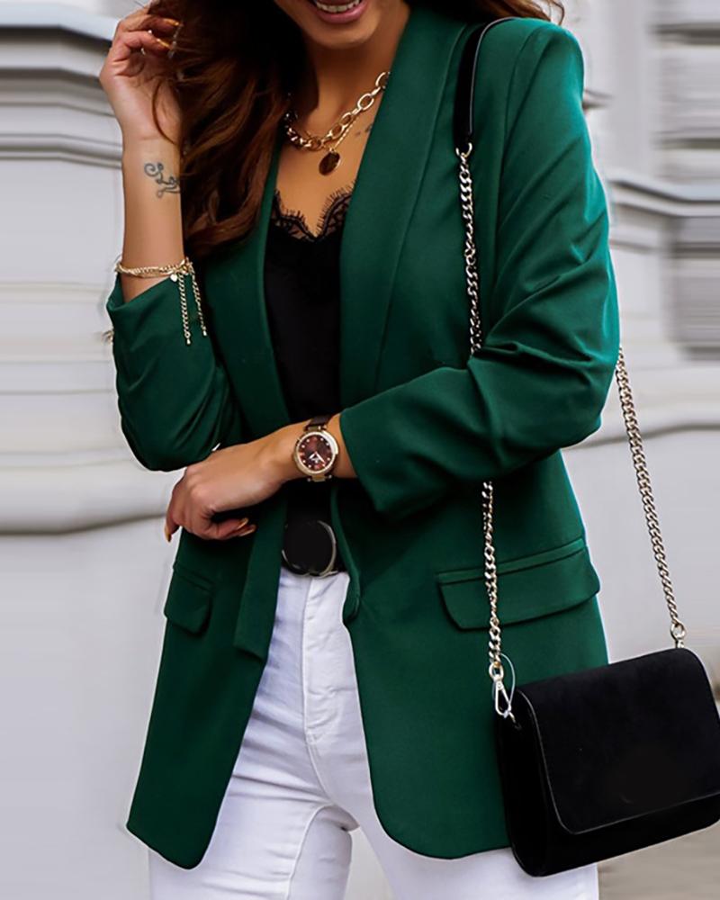 

Solid Long Sleeve Pockets Blazer Coat, Green