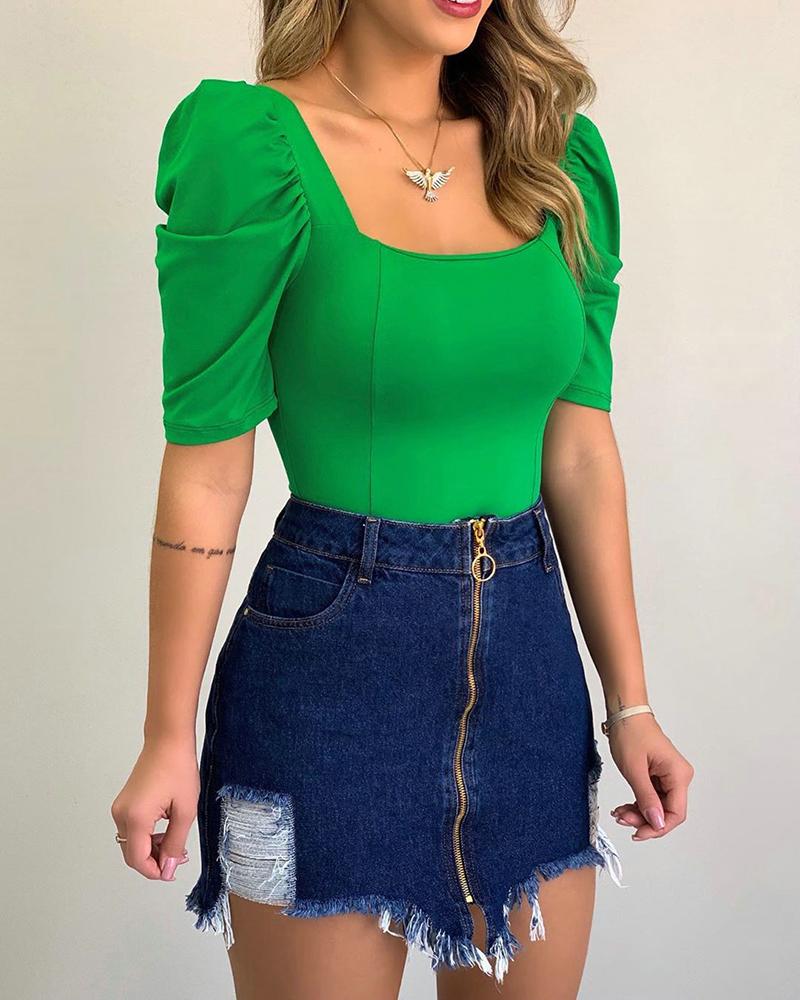 

Puff Short Sleeve Casual Blouse, Green