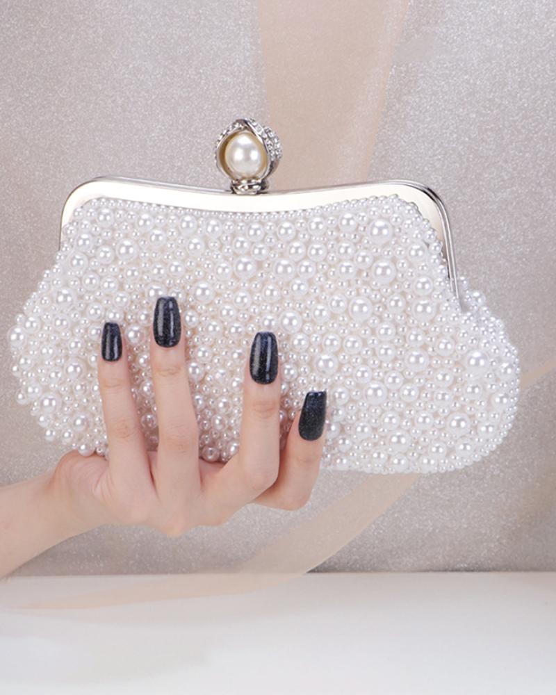 

Allover Pearl Decor Clutch Bag, White