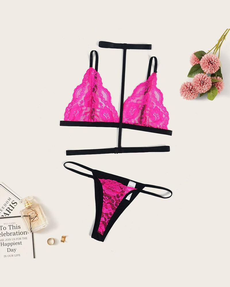 

Lace Patchwork Strap Skinny Bra Sets, Hot pink