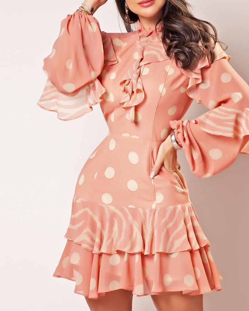 

Ruffles Hem Floral Print Long Sleeve Casual Dress, Pink
