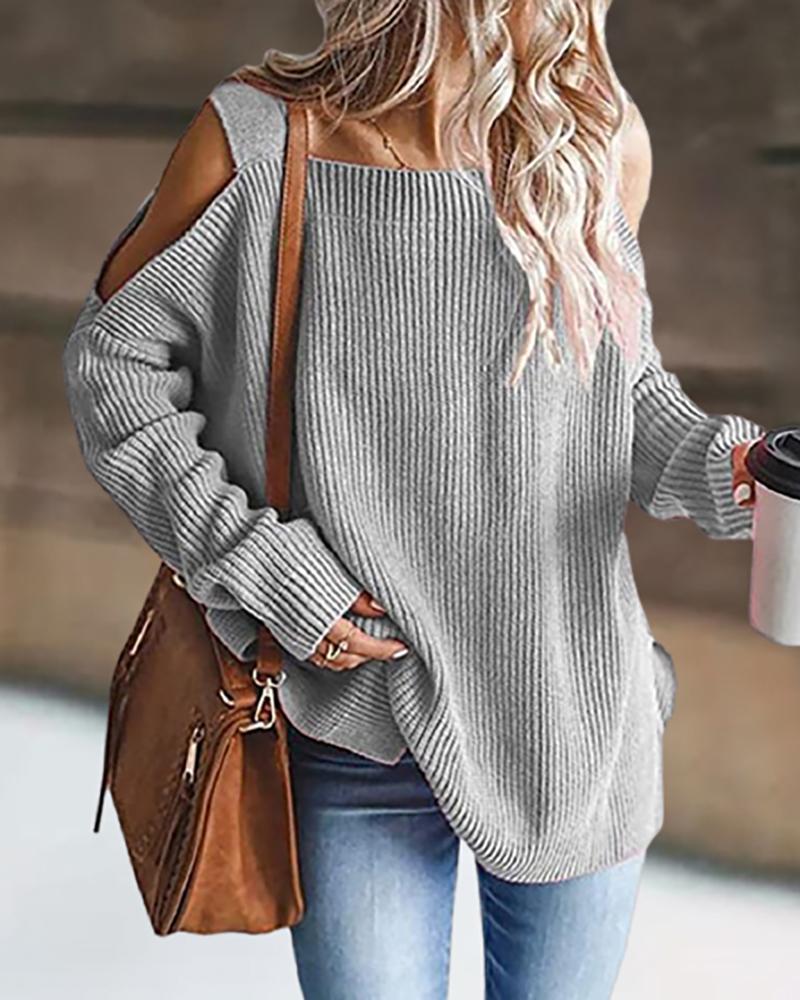 

Plain Cutout Long Sleeve Sweater, Gray