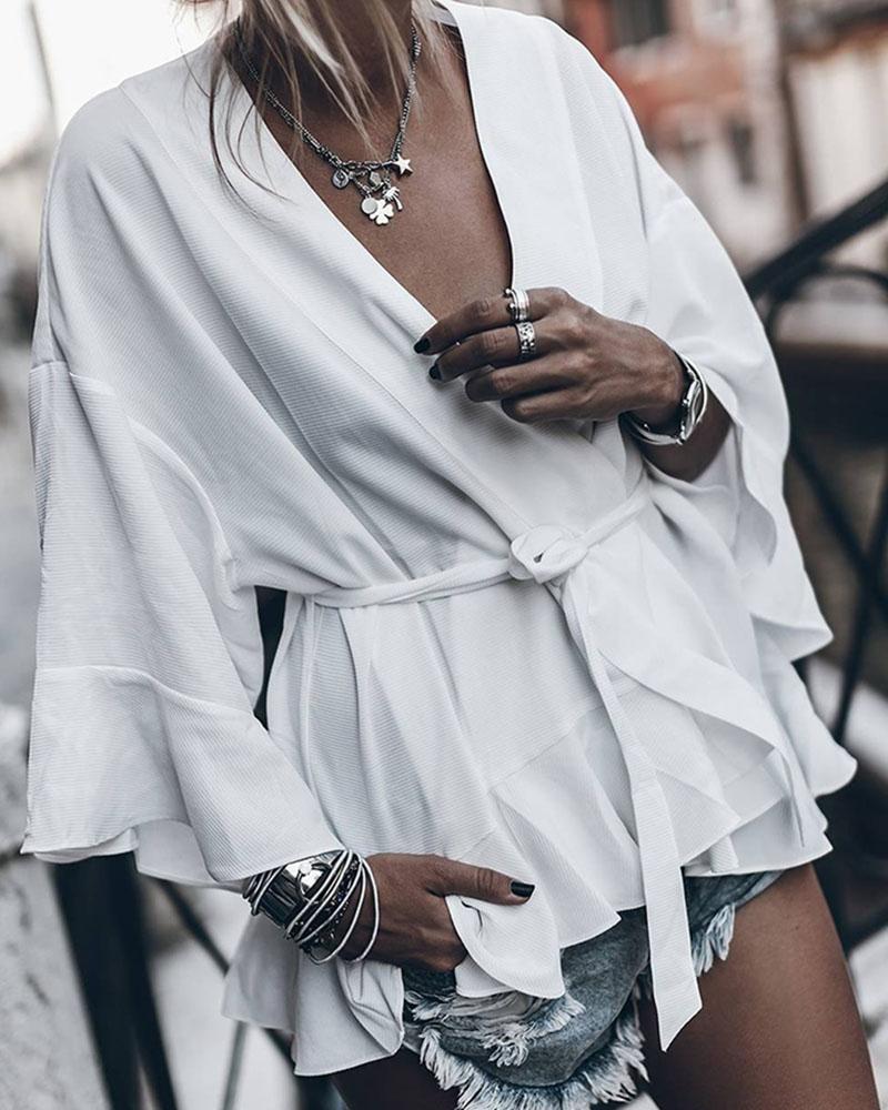 

Plain Bell Sleeve Ruffles Cardigan, White