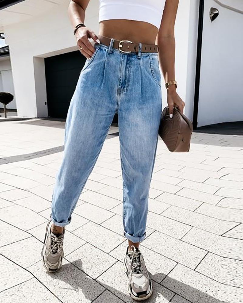 

High Waist Pockets Design Casual Jeans, Blue