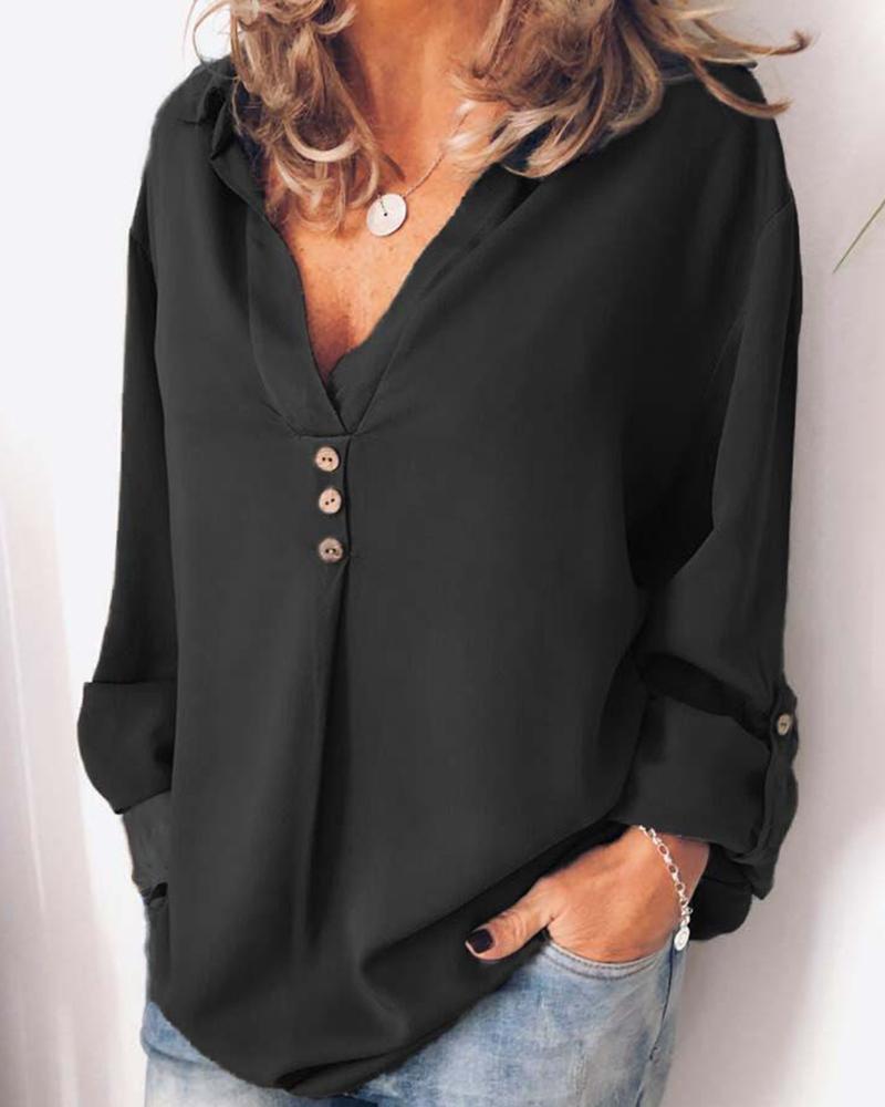 

Button Design V Neck Adjustable Sleeve Women Blouse, Black
