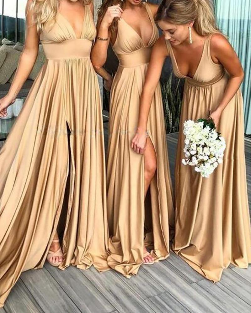 

Satin Plunge Backless High Slit Bridesmaid Dress, Khaki