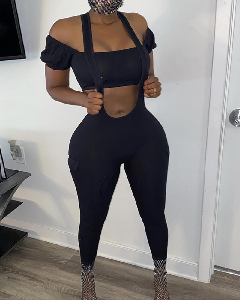 

Plain Off Shoulder Ribbed Crop Top & Suspender Jumpsuit, Black