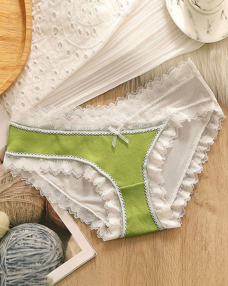 

Lace Trim Bowknot Front Sheer Mesh Panty, Green