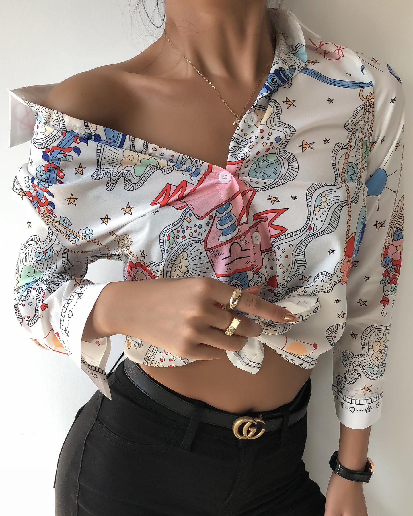 

Tie Neck Scarf Print Casual Shirt, White