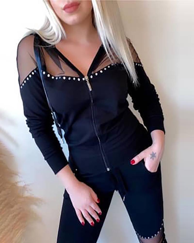 

Sheer Mesh Zipper Design Top & Pants Set, Black