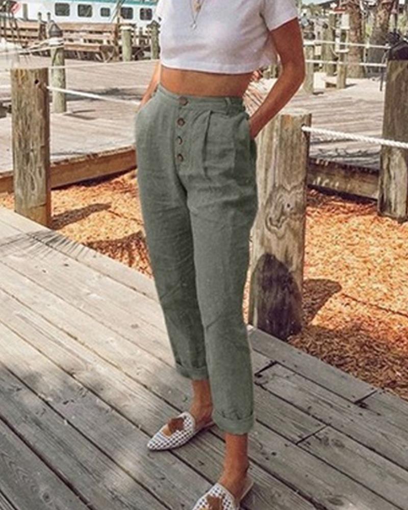 

Button Front Striaght Leg Pants, Green
